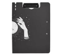 Clipboard Folder, A4 Foldable Clipboard with Dual Metal Clips File Cover PP Board Hold 80 Sheets 18.9 x 12.6 in Black White Full Moon with Rays in The Hands of Fortune Teller