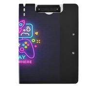 Clipboard Folder, A4 Foldable Clipboard with Dual Metal Clips File Cover PP Board Hold 80 Sheets 18.9 x 12.6 in Colorful Purple Turquoise Gamepad Smartphone Neon on Dark Bricks