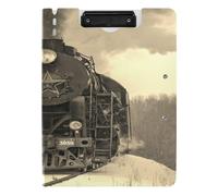 Clipboard Folder, A4 Foldable Clipboard with Dual Metal Clips File Cover PP Board Hold 80 Sheets 18.9 x 12.6 in Steam Train in Winter with White Snow, Track Route with Smoke