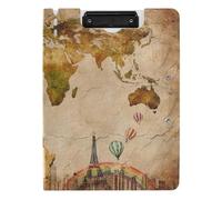 Clipboard Folder, A4 Foldable Clipboard with Dual Metal Clips File Cover PP Board Hold 80 Sheets 18.9 x 12.6 in European Travelling Concept Retro World Map Statue of Liberty