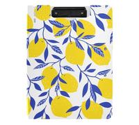 Clipboard Folder, A4 Foldable Clipboard with Dual Metal Clips File Cover PP Board Hold 80 Sheets 18.9 x 12.6 in Seamless Tropical Yellow Lemons Blue Leaves on White