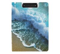 Clipboard Folder, A4 Foldable Clipboard with Dual Metal Clips File Cover PP Board Hold 80 Sheets 18.9 x 12.6 in Starfish on The Beach Sand with Blue Ocean Water Waves Dolphin