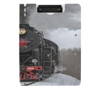 Clipboard Folder, A4 Foldable Clipboard with Dual Metal Clips File Cover PP Board Hold 80 Sheets 18.9 x 12.6 in Steam Train in Winter with Snow, on The Track Route with Smoke