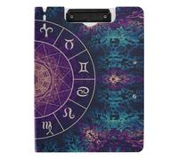 Clipboard Folder, A4 Foldable Clipboard with Dual Metal Clips File Cover PP Board Hold 80 Sheets 18.9 x 12.6 in Purple Magic Circle with Zodiacs Sign on Abstract Mystic
