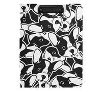 Clipboard Folder, A4 Foldable Clipboard with Dual Metal Clips File Cover PP Board Hold 80 Sheets 18.9 x 12.6 in Seamless Black White Doodle Dog Head French Bulldog Puppy Face