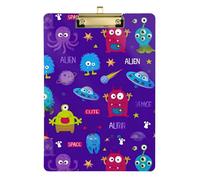Clipboard Folder A4 Size 12.5" x 9" Metal Clipboards with Low Profile Clip for Truck Driver Medical Contractor Cute Space Alien Print Purple