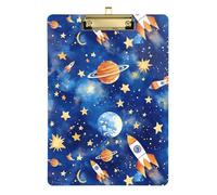 Clipboard Folder A4 Size 12.5" x 9" Plastic Clipboard with Low Profile Clip for Nurse Coaching Trade Quest Watercolor Galaxy Stars Rockets Planet