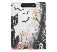 Clipboard Folder Witchy Black Cat Halloween Spooky Skeleton Ghosts A4 Clipboard Folio Two Metal Clips Pen Holder Nursing Clip Board with Hard Cover