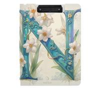 Clipboard Folder with Storage Floralmorphic Letter N White Narcissus Flower Watercolor Style A4 Clipboard Padfolio Double Clips Pen Holder Nursing Clip Board with Cover