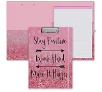 Clipboard Folio with Refillable Lined Notepad, Low Profile Clip and Interior Storage Pocket, Cute Clipfolio Design for Work, Office, School, Nurse(Stay Positive)
