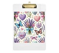 Clipboard Lavender Hearts Butterflies Fashion Clipboards for Teachers, Students, Nurses A4 Standard Size Clip Board Low Profile Gold Clip Retractable Hanging Tab 12.5 x 9 Inches