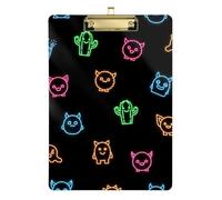 Clipboard Neon Cute Faces Black Decorative Clipboards A4 Standard Size Clip Boards for Students, Women, Man, Low Profile Gold Clip Retractable Hanging Tab