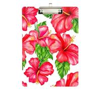 Clipboard Red Hibiscus Flowers White Cute Clip Board Hardboard Clipboards Standard Size for Women Men Teachers Nurses, Low Profile Silver Clip Retractable Hanging Tab