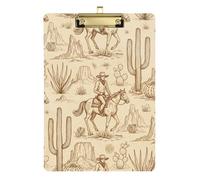 Clipboard Retro Cowboy Desert Cactus Brown Cute Clip Board A4 Standard Size Clip Board for Classrooms, Restaurants, School, A4 Letter Size 12.5 x 9 Inches Gold Clip