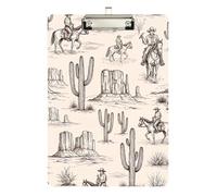 Clipboard Retro Cowboys Desert Cactus Beige Cute Clip Board Hanging Clipboards A4 Standard Size for Students, Women, Man, Low Profile Silver Clip Retractable Hanging Tab