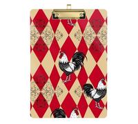 Clipboard Retro Rooster Red Checkered Cute Clip Boards A4 Standard Size Clip Board for Students, Women, Man, Low Profile Gold Clip Retractable Hanging Tab