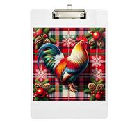 Clipboard Rooster Christmas Red Tartan Decorative Clipboards for Students, Women, Man Wordpad Clipboards Standard Size Low Profile Gold Clip Retractable Hanging Tab 12.5 x 9 Inches