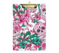 Clipboard Sugar Skull Lillies Flowers Pink Writing Board Cute Decorative Letter Size Clipboards for Women Men Teachers Nurses, Low Profile Gold Clip Retractable Hanging Tab