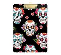 Clipboard Sugar Skulls Floral Cute Clipboards Hanging Clipboards A4 Standard Size for Teachers, Students, Nurses, Low Profile Gold Clip Retractable Hanging Tab