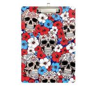 Clipboard Sugar Skulls Vibrant Flowers Cute Clipboard for Students, Women, Man Standard A4 Letter Size Clipboards Low Profile Silver Clip Retractable Hanging Tab