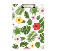 Clipboard Tropical Leaves Hibiscus Flowers Writing Clipboard for Women Men Teachers Nurses Hardboard Clipboards Standard Size Low Profile Silver Clip Retractable Hanging Tab
