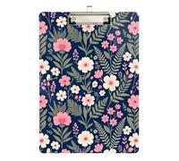 Clipboard Waterproof Low Profile Clip Standard A4 Letter Size Office Hardboard 12.5" L x 9" W Boho Navy Blue and Pink Floral Botanical Pattern