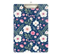 Clipboard Waterproof Low Profile Clip Standard A4 Letter Size Office Hardboard 12.5" L x 9" W Boho Navy Blue and Pink Floral Botanical Pattern Flower Art