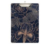 Clipboard Waterproof Low Profile Clip Standard A4 Letter Size Office Hardboard 12.5" L x 9" W Gold Outline Botanical Pattern