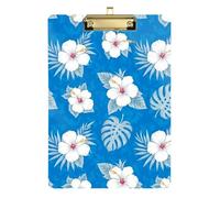 Clipboard White Hibiscus Flowers Blue Portable Clipboards for Classrooms, Restaurants, School Wordpad Clipboards Standard Size Low Profile Gold Clip Retractable Hanging Tab