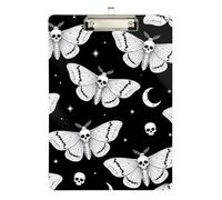 Clipboard White Moths Skull Black Fashion Clipboard A4 Standard Size Clipboards Hardboard for Nurses, Lawyers, Doctor Offices, Low Profile Silver Clip Retractable Hanging Tab