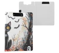 Clipboard Witchy Halloween Black Cat Halloween Spooky Skeleton Ghosts A4 Clipboard with Binder Two Metal Clips Pen Holder Office Clip Board with Hard Cover