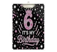 clipboard with Big Clip Pink Crown Happy 6th Birthday Girl Plastic for Homework Pediatric Size 9 x 12.5 Tabla para escribir