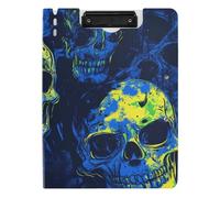 Clipboard with Folder Blue Green Shining Skulls A4 Clipboard Clipfolio Double Metal Clips Pen Holder School Clip Board with Cover