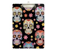 Clipboards Colorful Sugar Skulls Floral Black Cute Clip Board for Teachers, Students, Nurses Letter Size Clipboards Low Profile Gold Clip Retractable Hanging Tab