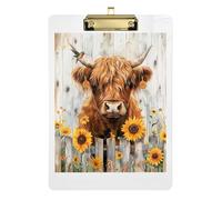 Clipboards Highland Cow Fence Sunflower Portable Clipboard Hanging Clipboards A4 Standard Size for Women Men Office Supplies, Low Profile Gold Clip Retractable Hanging Tab 12.5 x 9 Inches