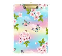 Clipboards Pastel Cherry Blossoms Portable Clipboard A4 Standard Size Clip Boards for Students, Women, Man, Low Profile Gold Clip Retractable Hanging Tab