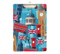 Clipboards Retro London Landmarks Blue Fashion Clipboard Letter Size Clipboards for Classrooms, Restaurants, School, Low Profile Gold Clip Retractable Hanging Tab