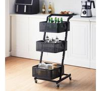 CLIPOP 3 Tier Utility Rolling Cart, Kitchen Vegetable Trolley with Handle and Lockable Wheels, Metal Adjustable Mesh Basket Storage Rack for Fruits, Vegetables, Books,Tools, Black