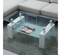 CLIPOP Modern Coffee Table Rectangle Tempered Glass Living Room Centre Table with 2 Tier Storage Shelf and Wooden Legs, Waiting Area Table for Living Room Reception Table, White