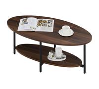 CLIPOP Oval Coffee Table with Open Storage Shelf, 2-Tier Wooden Tea Table, Industrial Center Table with Cross Metal Legs Rustic Brown