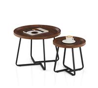 CLIPOP Round Nesting Coffee Tables Set of 2 Rustic Brown Wood Center Table with Metal Frame, Small Sofa Side Table for Living Room Bedroom Office