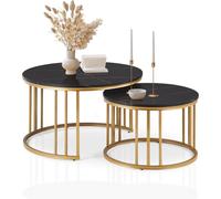 CLIPOP Set of 2 Nesting Coffee Table for Living Room, Modern Stackable Round Side Table with Golden Metal Frame Marble Effect Tabletop, Sofa Table for Small Space, Black White 80 x 80 x 45cm