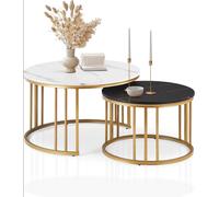 CLIPOP Set of 2 Nesting Coffee Table for Living Room, Modern Stackable Round Side Table with Golden Metal Frame Marble Effect Tabletop, Sofa Table for Small Space, White Black 80 x 80 x 45cm