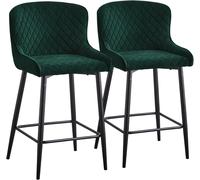CLIPOP Velvet Bar Stools Set of 2, Breakfast Bar Chairs with Sturdy Metal Legs and Footrest, Kitchen Stools for Counter, Green