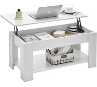 CLIPOP White Lift Top Coffee Table Wooden Sofa Side Tea Table with Hidden and Open Storage Shelf, Extendable Center Table for Living Room