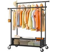 Cliporix 110cm Double Clothes Rail with Lockable Wheel &Storage Basket, Heavy Duty Hanging Rail for Bedroom, Laundry, Entryway, Corner, 45D x 110W x 160H cm, Black