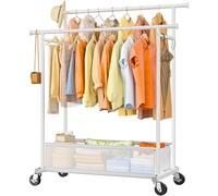 Cliporix Double 110cm Clothes Rail with Lockable Wheel &Storage Basket, Heavy Duty Hanging Rail for Bedroom, Laundry, Entryway, Corner, 45D x 110W x 160H cm, White