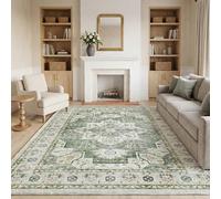 Cliporix Washable Green Extra Large Carpet, Non Slip Backing, Boho Area Rug 200 x 290 cm, Faux Cashmere Short Pile, Non-Shedding, Floral Print Rug, Suitable for Living Room, Bedroom, Kitchen, Office