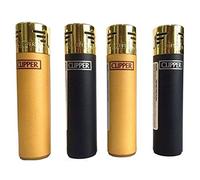 Clipper 4 x Black & Gold Electronic Lighters Set - 2 Black & 2 Gold Cap Rubber Lighters - Genuine Refillable Gas Lighter