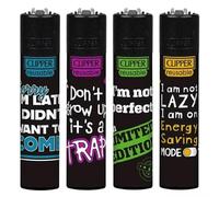 Clipper Lighters 4pcs Set, Collection Lighters SET DESIGN (No Fuel) Mix Designs - Refillable - Assorted Colors - Reusable - Soft Flame Kitchen Lighter (Funny Sayings 4pcs)